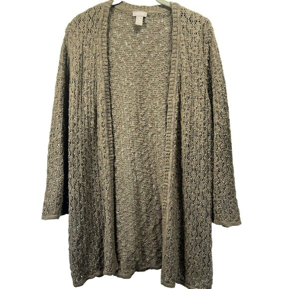 Chicos Sweater Open Crochet Size Large Tan Brown Beach Stretch Cotton Blend Knit - Picture 1 of 9